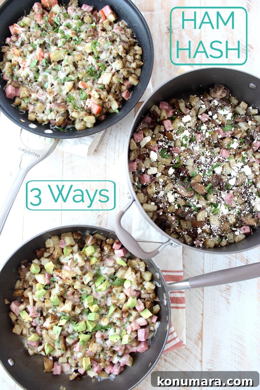 Ham hash is made in just 30 minutes for an easy breakfast anytime! With just a few different ingredients, you can transform this recipe three ways, into an Italian, Mexican or Greek hash.