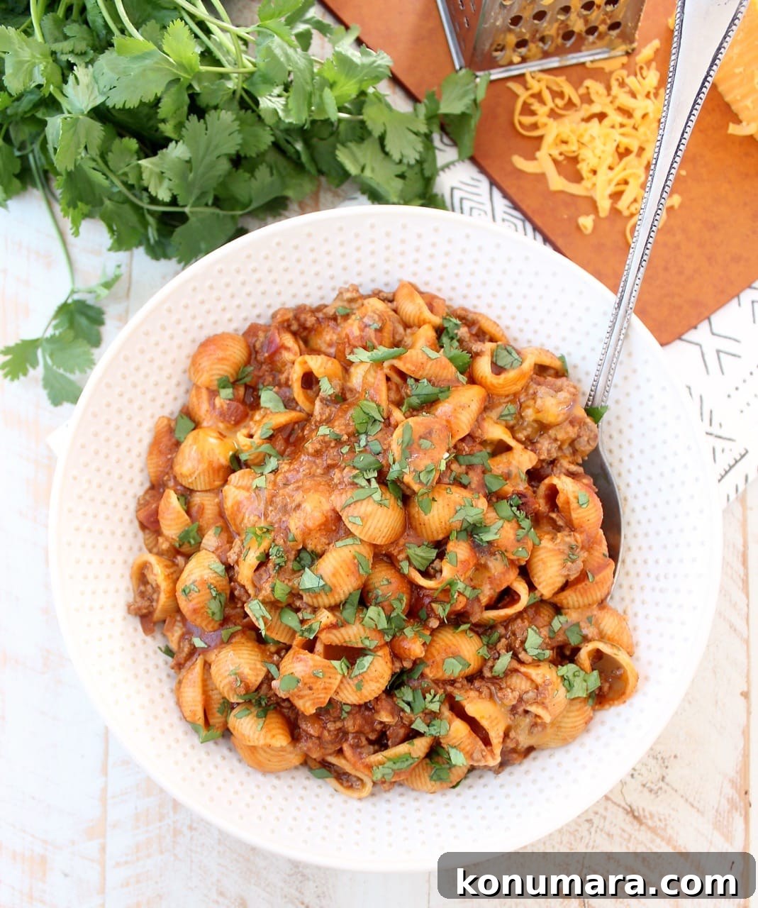 Overhead Image of Enchilada Pasta in Large Bowl with Spoon