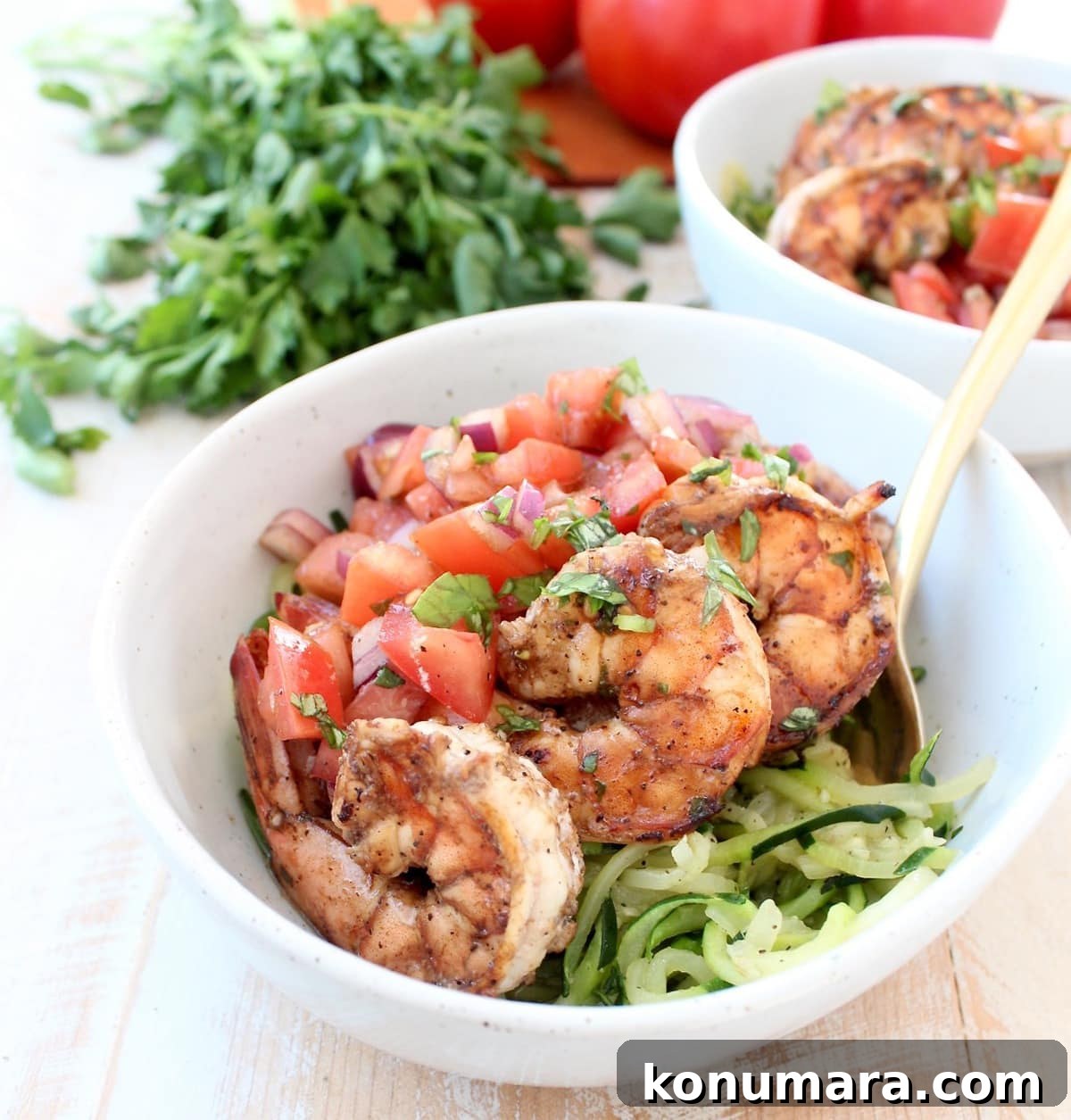 Bruschetta, Grilled Shrimp and Zucchini Noodles in Bowl