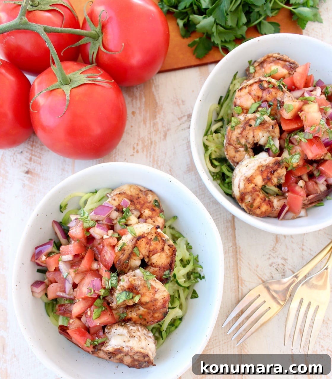 Overhead shot of Bruschetta Shrimp Zoodle Bowls