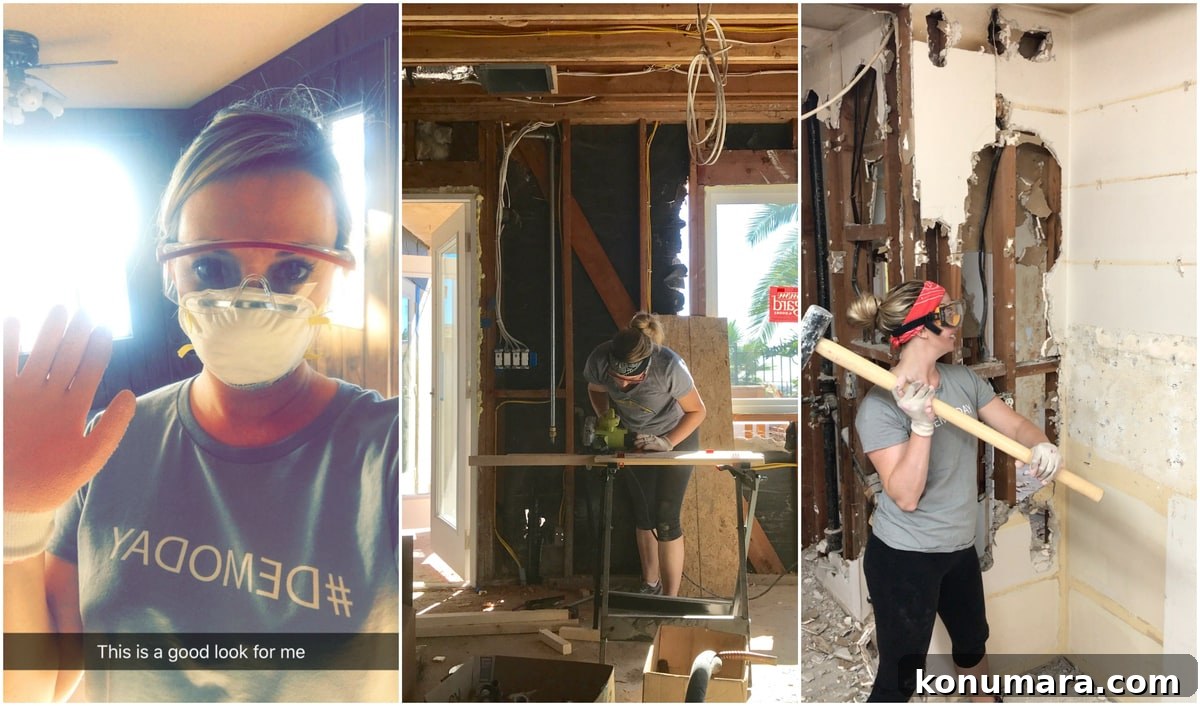 Whitney Bond using a sledge hammer to knock down a wall and sawing wood for framing.