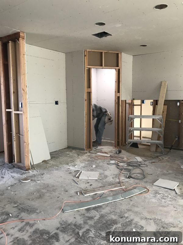 Drywall being hung in kitchen