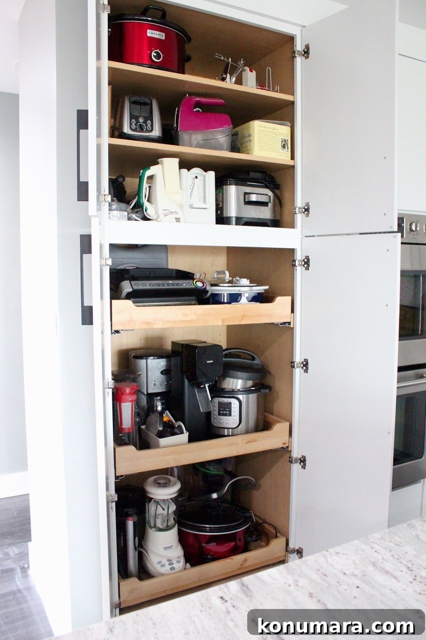 Appliance pantry with pull out shelves for crock pots, instant pots, blenders and toasters