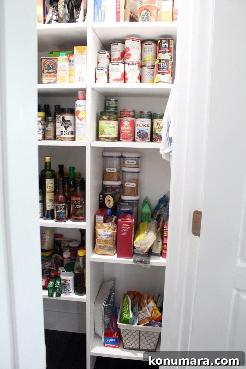 Kitchen pantry organization for pasta, canned goods and snacks