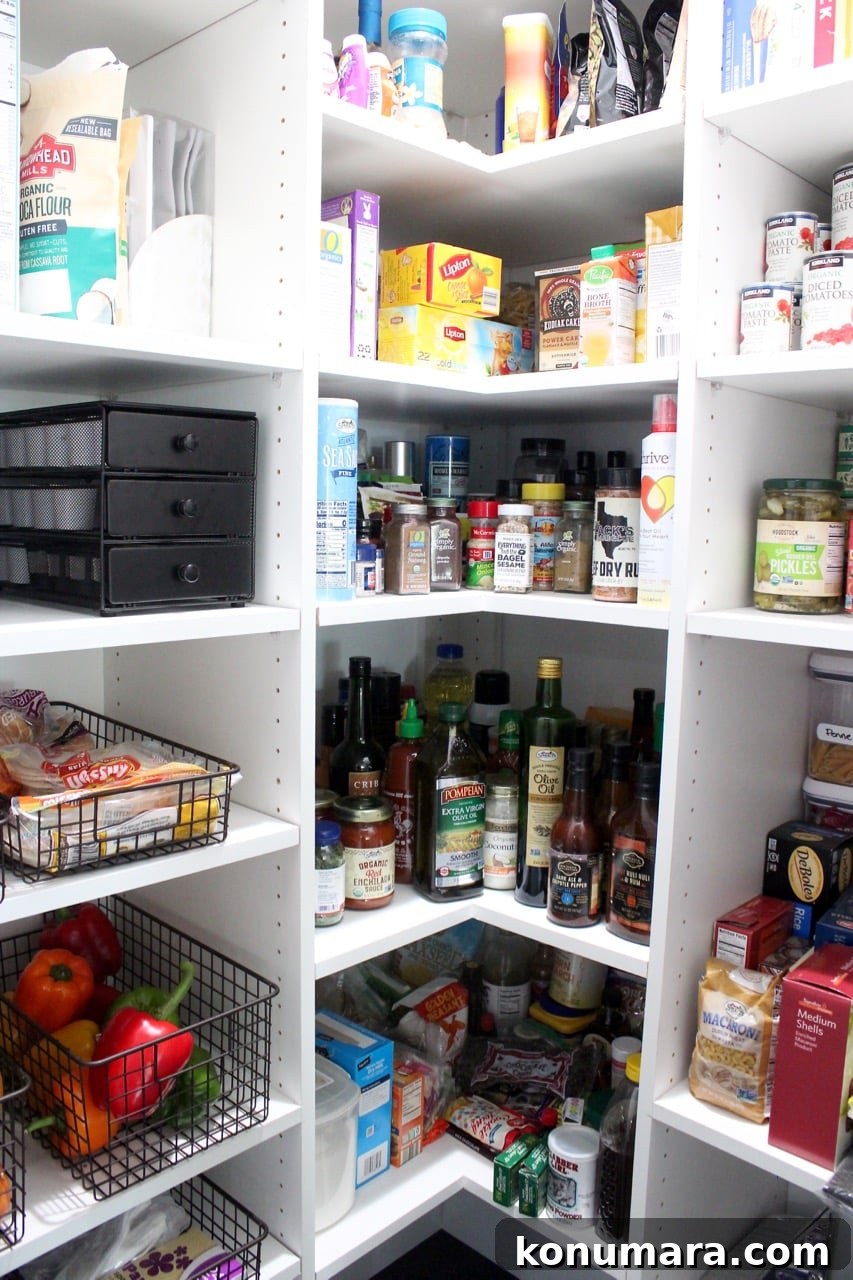 Kitchen pantry organization for sauces, canned goods and baking supplies