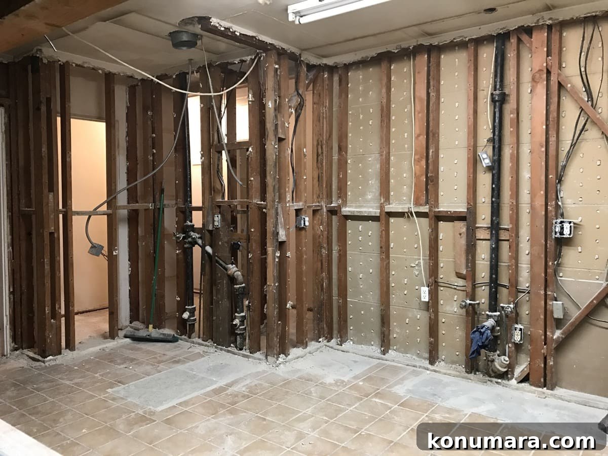 Demoed kitchen with studs