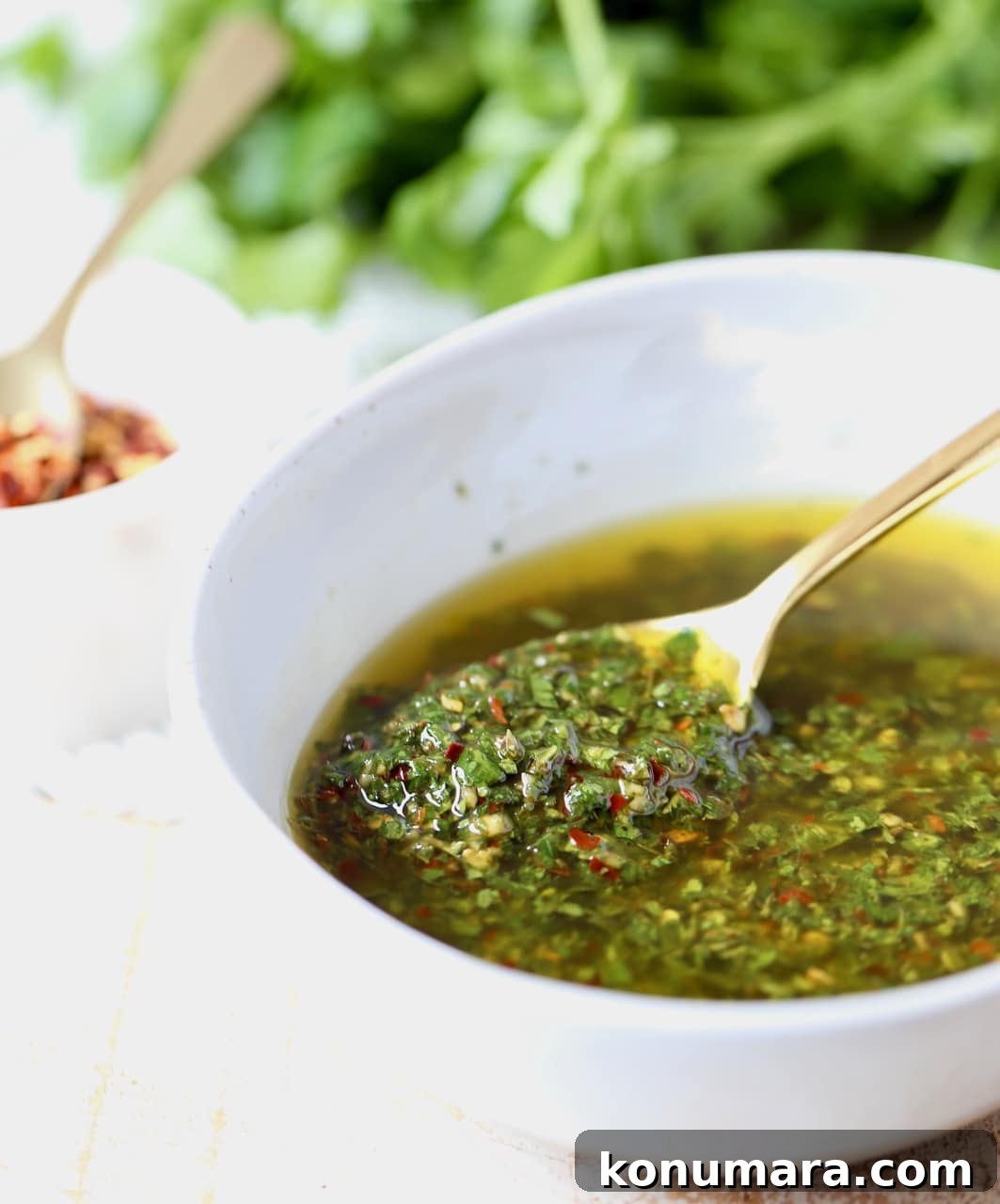 Authentic Chimichurri Sauce Recipe for Grilled Meats 2 Argentinian Chimichurri Sauce with Parsley, Garlic and Olive Oil in a bowl with a gold spoon