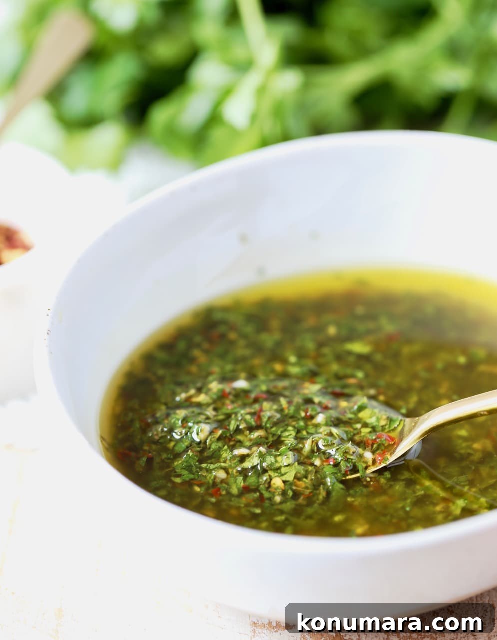 Authentic Chimichurri Sauce Recipe for Grilled Meats 4 chimichurri sauce in bowl with a spoon
