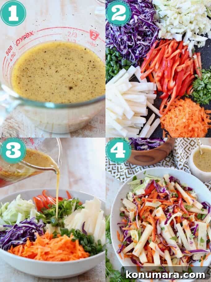 Crisp Jicama Slaw with Lime and Cilantro 3 collage of images showing how to make jicama slaw