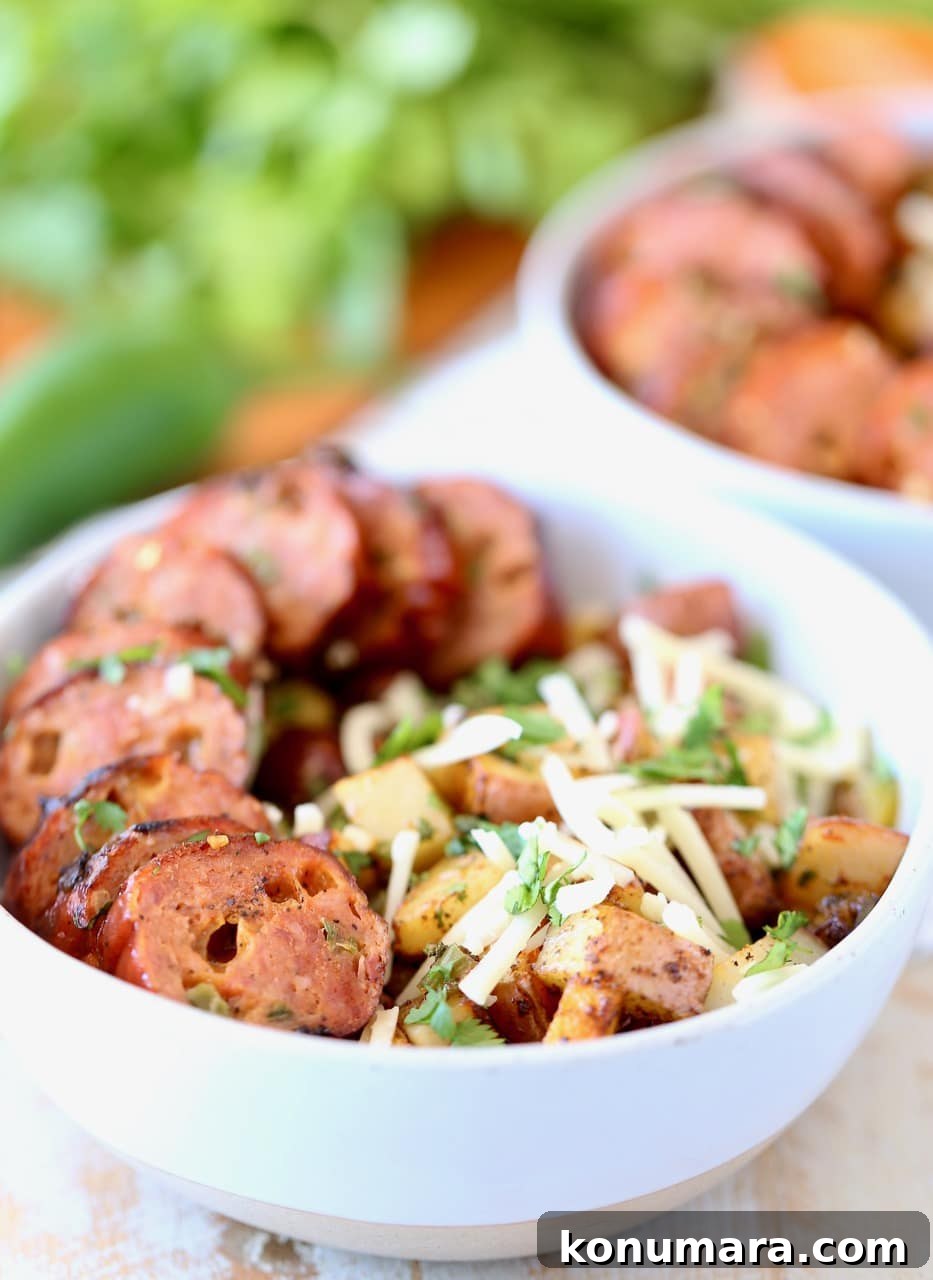 Grilled Sausage Sliced in Bowls with Potatoes, Cheddar Cheese and Cilantro