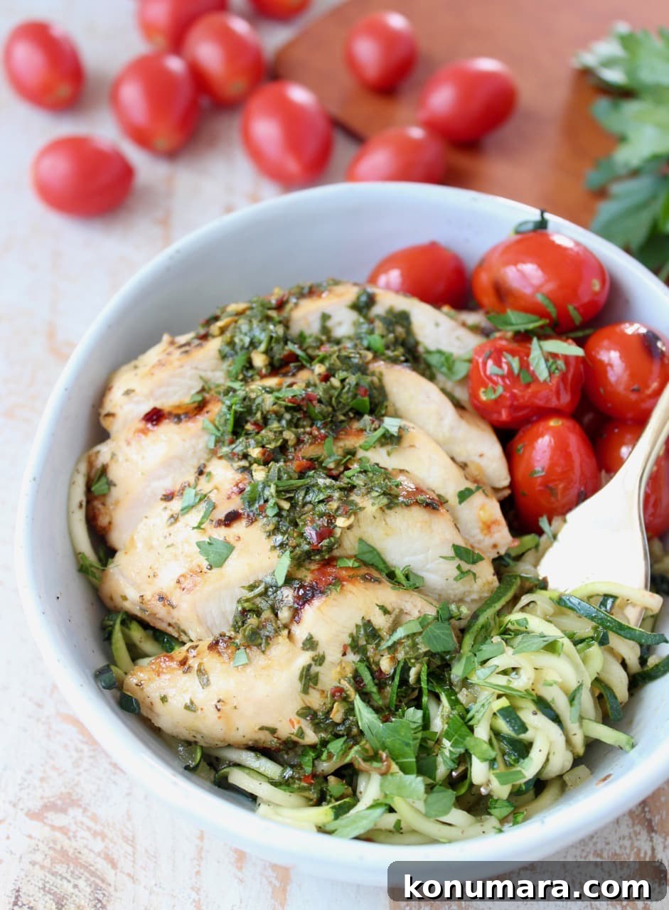 Chimichurri Grilled Chicken, Zucchini Noodles and Roasted Cherry Tomatoes