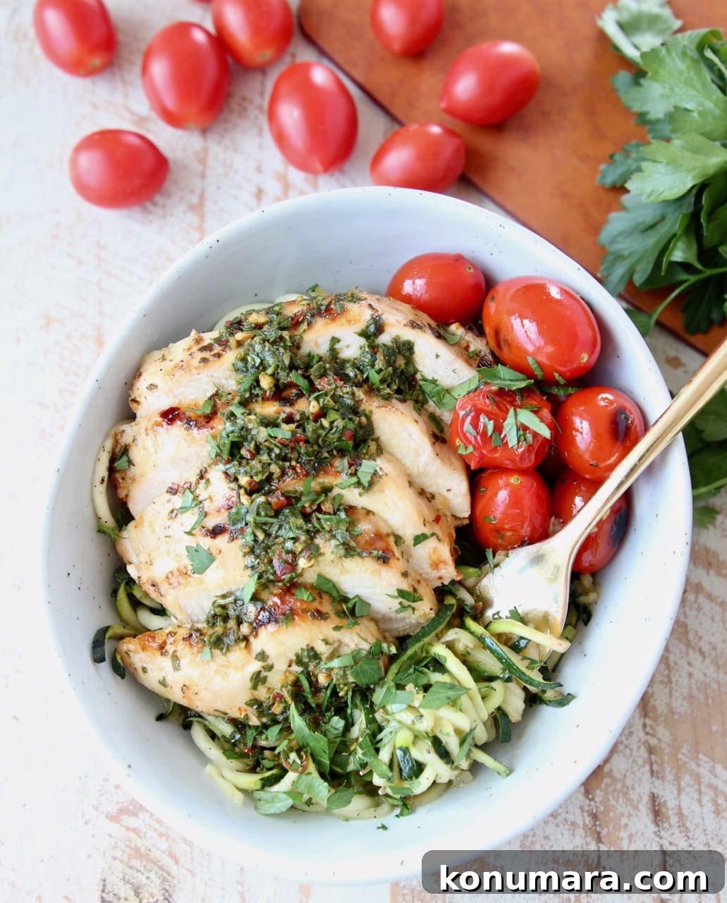 Zucchini Noodles with Grilled Chimichurri Chicken and Cherry Tomatoes