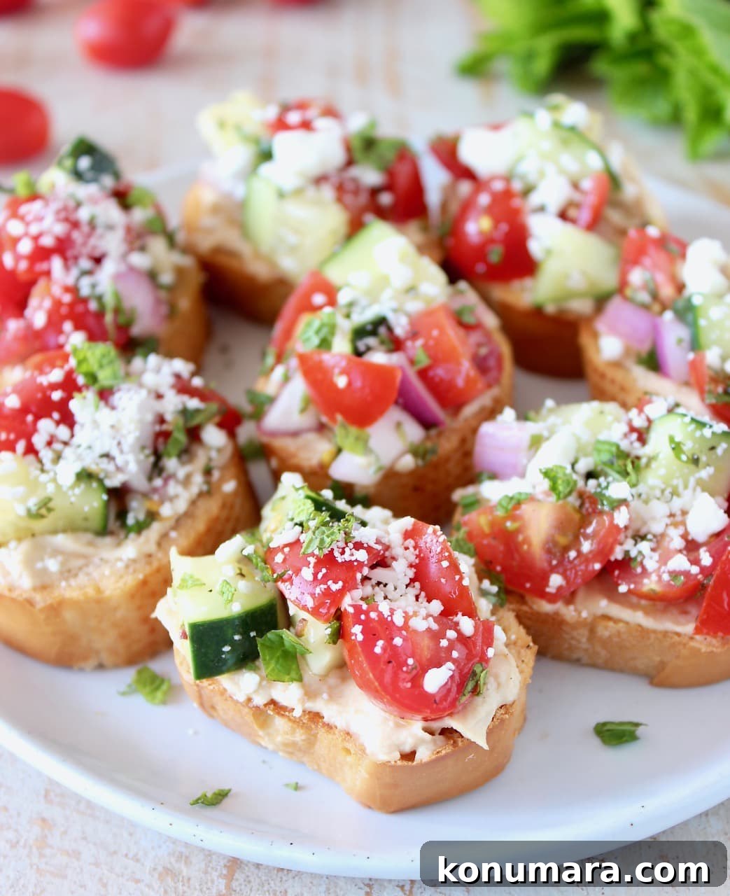 Greek Bruschetta with Feta, Tomato and Olive Tapenade 2 Greek Bruschetta - Tomato Cucumber, Hummus and Feta Cheese on Toasted Baguettes