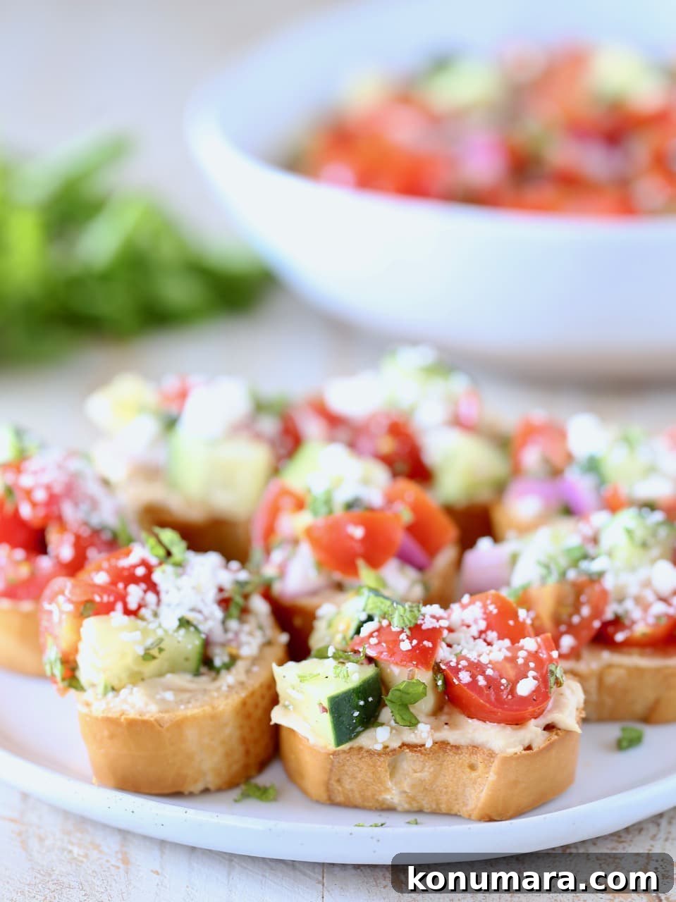 Greek Bruschetta with Feta, Tomato and Olive Tapenade 6 Sliced baguette with hummus, greek bruschetta and feta cheese