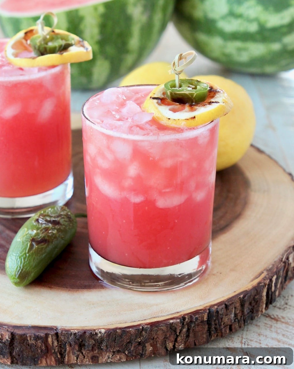 Watermelon Margaritas on the rocks with Grilled Jalapenos and Lemons