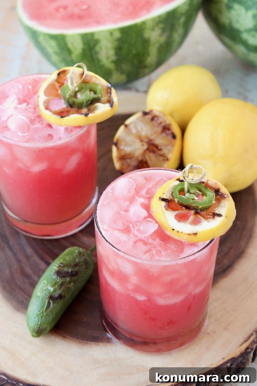 Watermelon Jalapeno Margarita with Grilled Lemons and Grilled Jalapenos