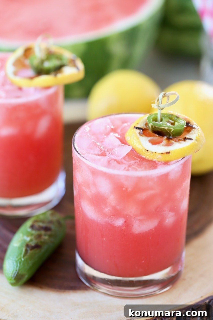 Watermelon Margarita Recipe with Grilled Jalapeno and Grilled Lemon Slice