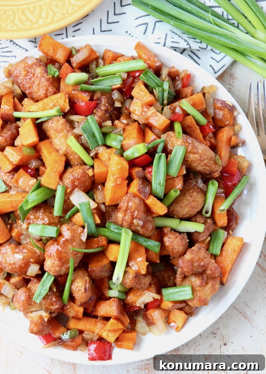 One-Pan General Tso's Chicken and Sweet Potato Hash Recipe 2 General Tso's Chicken and Sweet Potato Hash with bell peppers and scallions
