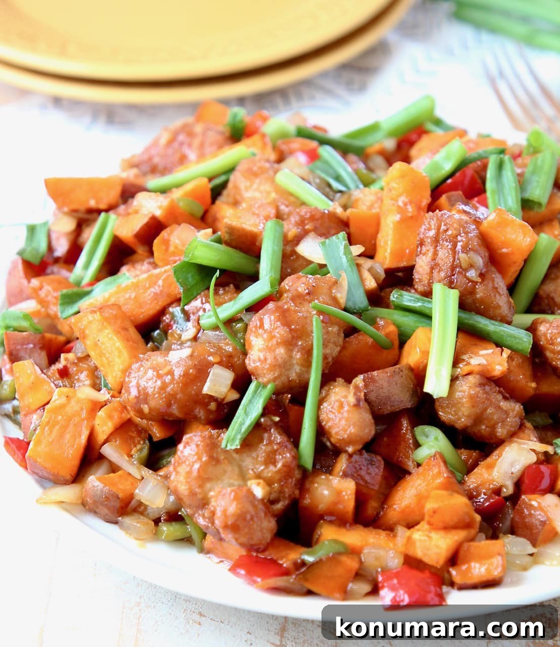 One-Pan General Tso's Chicken and Sweet Potato Hash Recipe 4 General Tso's Sweet Potato Hash with green onions