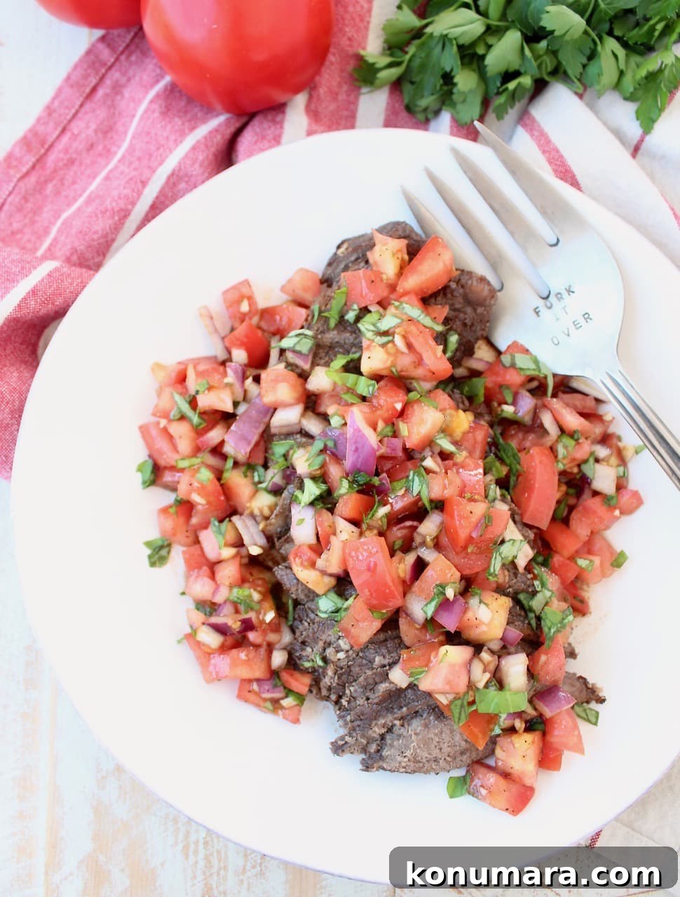 Instant Pot Beef covered in Fresh Tomato Basil Bruschetta