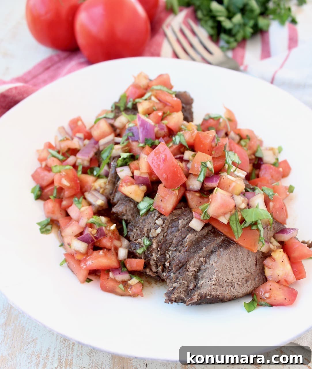 Instant Pot Beef Sliced, Topped with Tomato Basil Bruschetta
