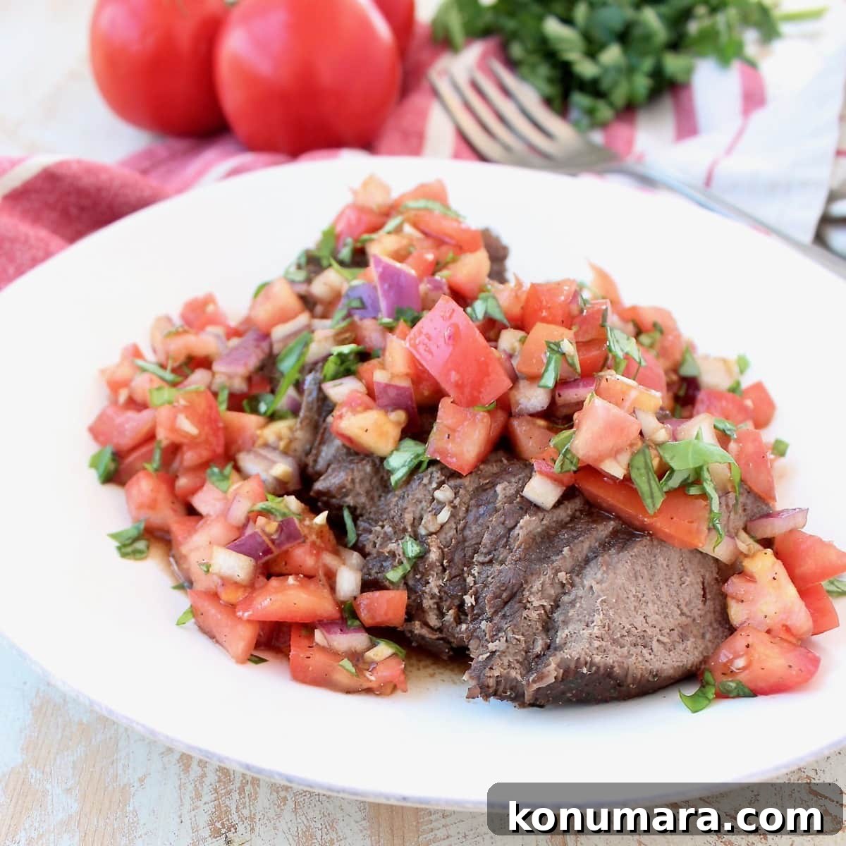 Instant Pot Sliced Sirloin topped with Tomato Basil Bruschetta