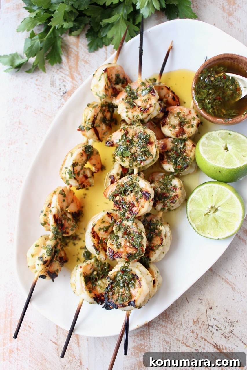 Chimichurri Shrimp Skewers with Limes and Chimichurri Sauce