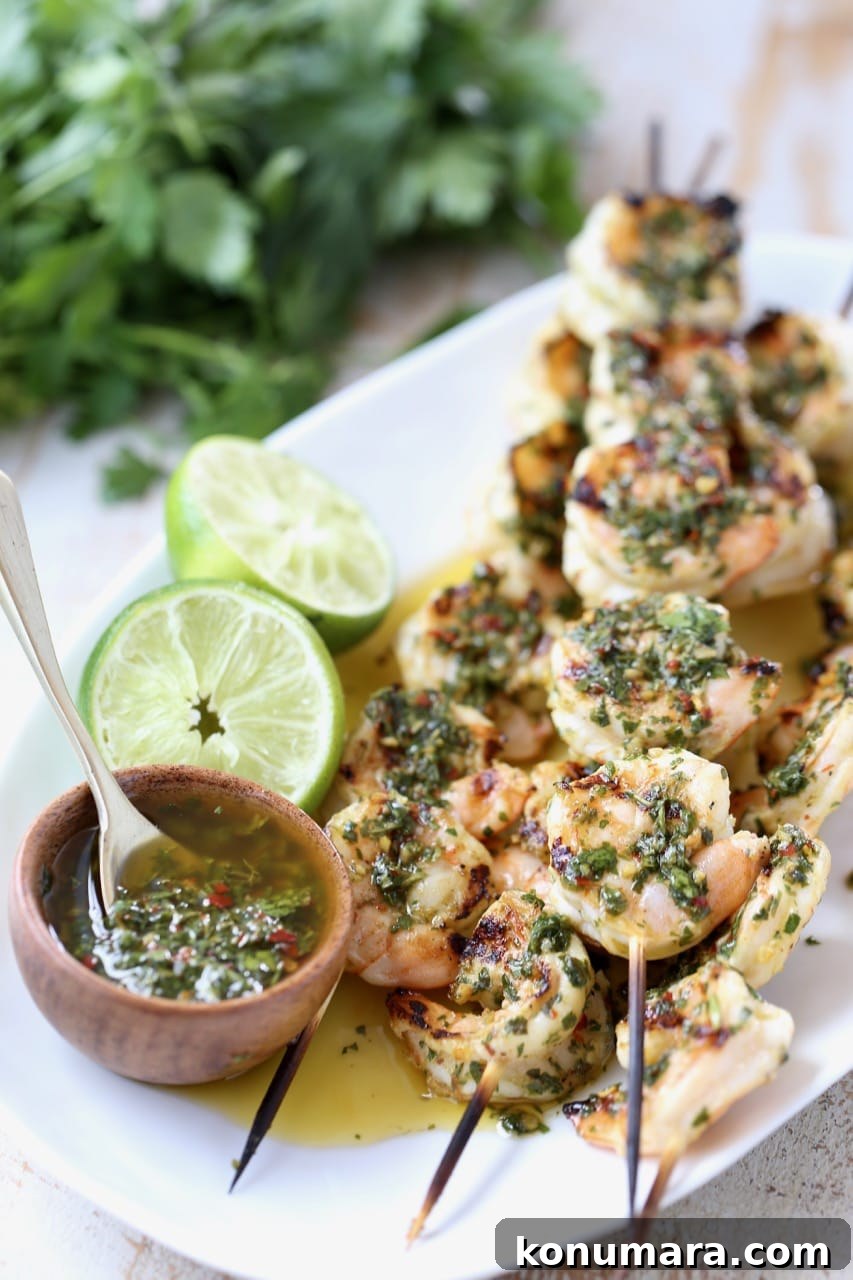 Chimichurri Shrimp Skewers with Chimichurri Sauce and Fresh Limes