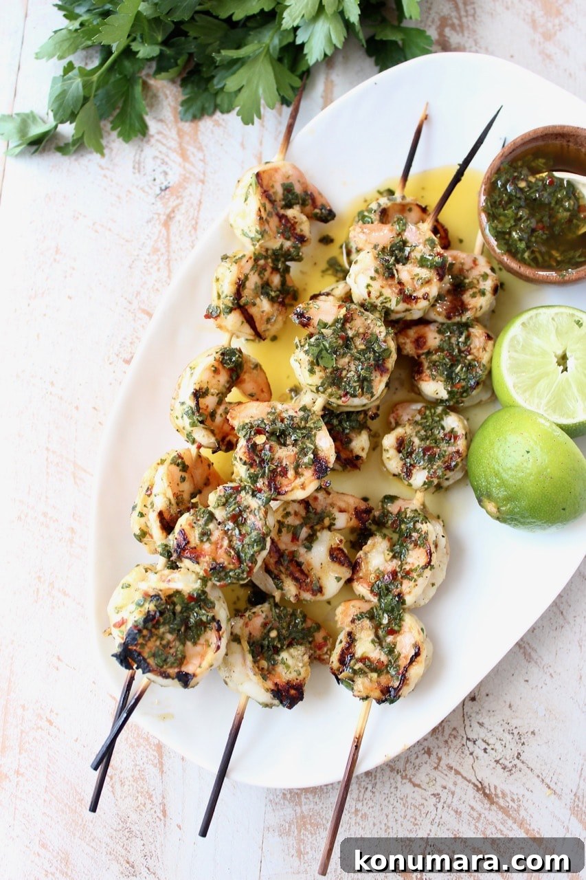 Chimichurri Shrimp Skewers with Limes and Chimichurri Sauce