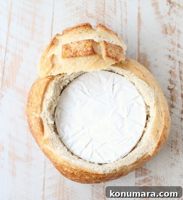 round of brie in the middle of a round of sourdough bread