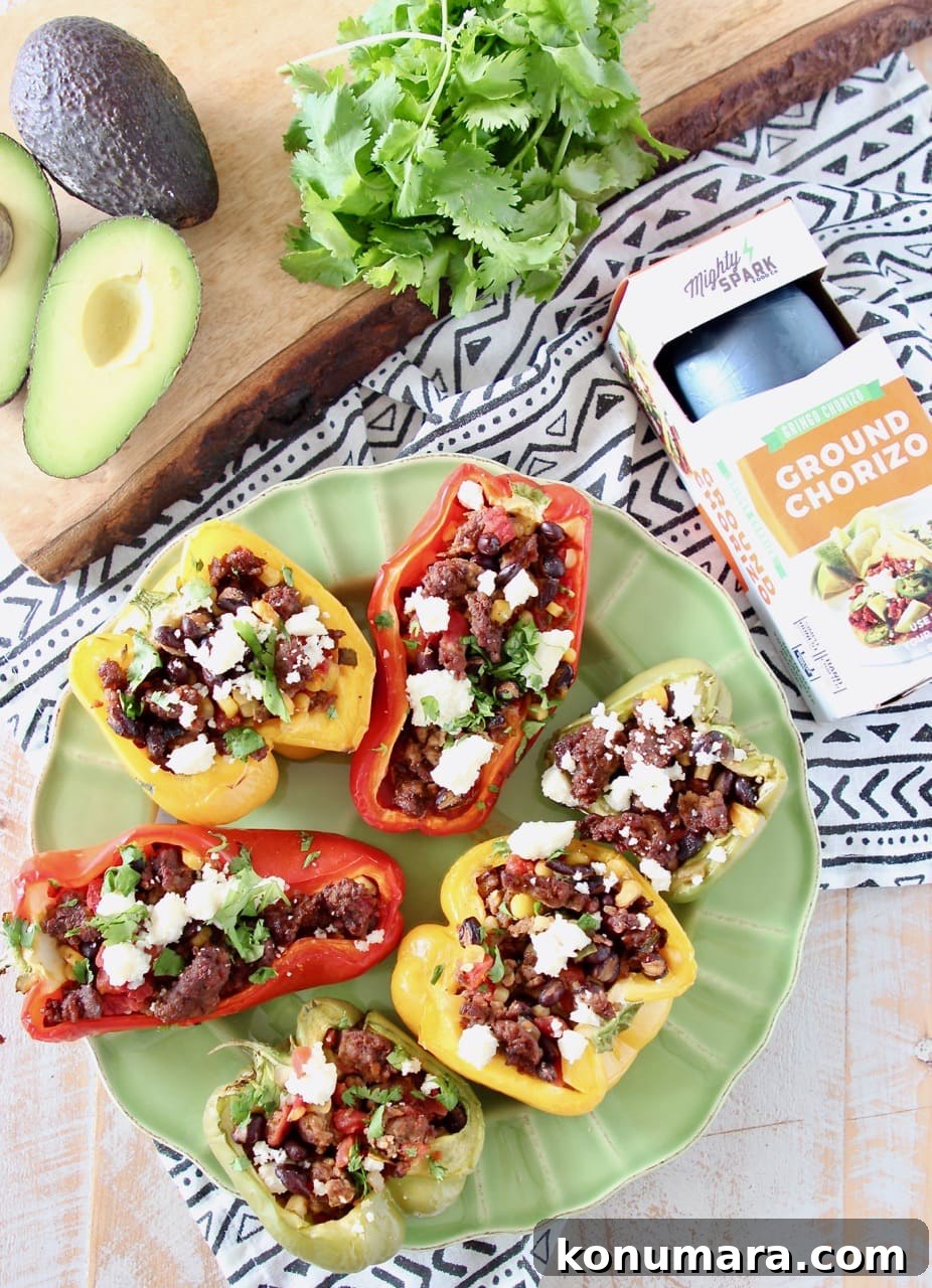 Grilled Stuffed Bell Peppers with Ground Chorizo, Tomatoes, Black Beans and Corn
