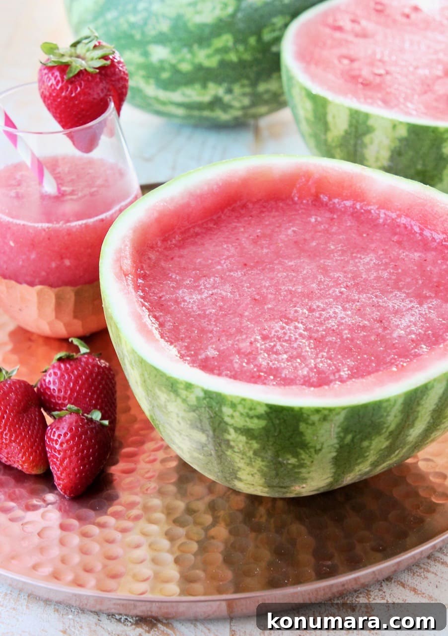 Strawberry Watermelon Wine Slushies Recipe 2 Strawberry Watermelon Wine Slushies in hollowed watermelon
