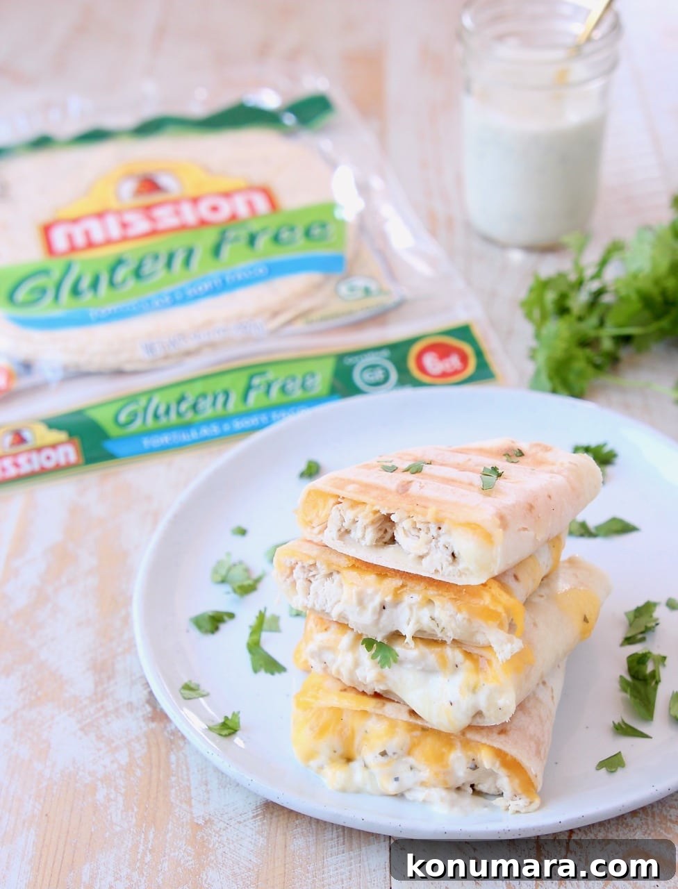 Gluten Free Chicken Ranch Wraps Recipe 3 Gluten Free Tortillas in package with Gluten Free Chicken Ranch Wraps grilled and cut in half