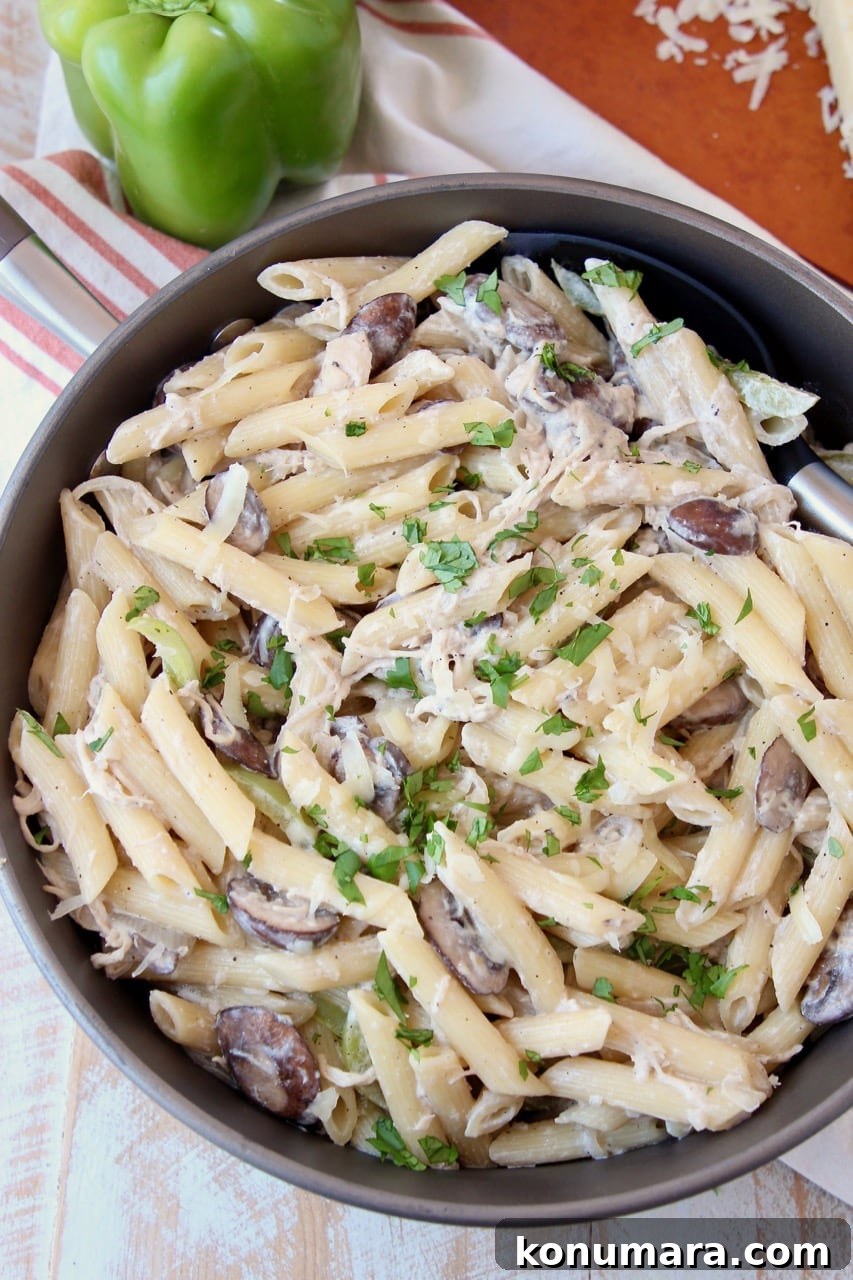 French Onion Chicken Pasta with Gruyere Cheese and Green Bell Peppers