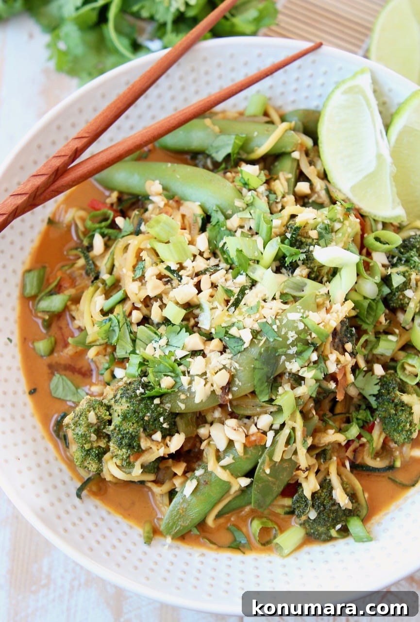 Vegan Zucchini Noodle Pad Thai with Peanut Sauce 2 Vegan Pad Thai with Zucchini Noodles, Sugar Snap Peas, Crushed Peanuts and Scallions