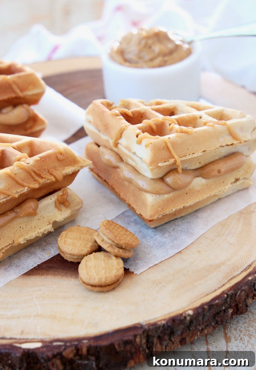 Peanut Butter Waffles with Creamy Peanut Butter filling and Mini Nutter Butter Cookies on Wood Cutting Board
