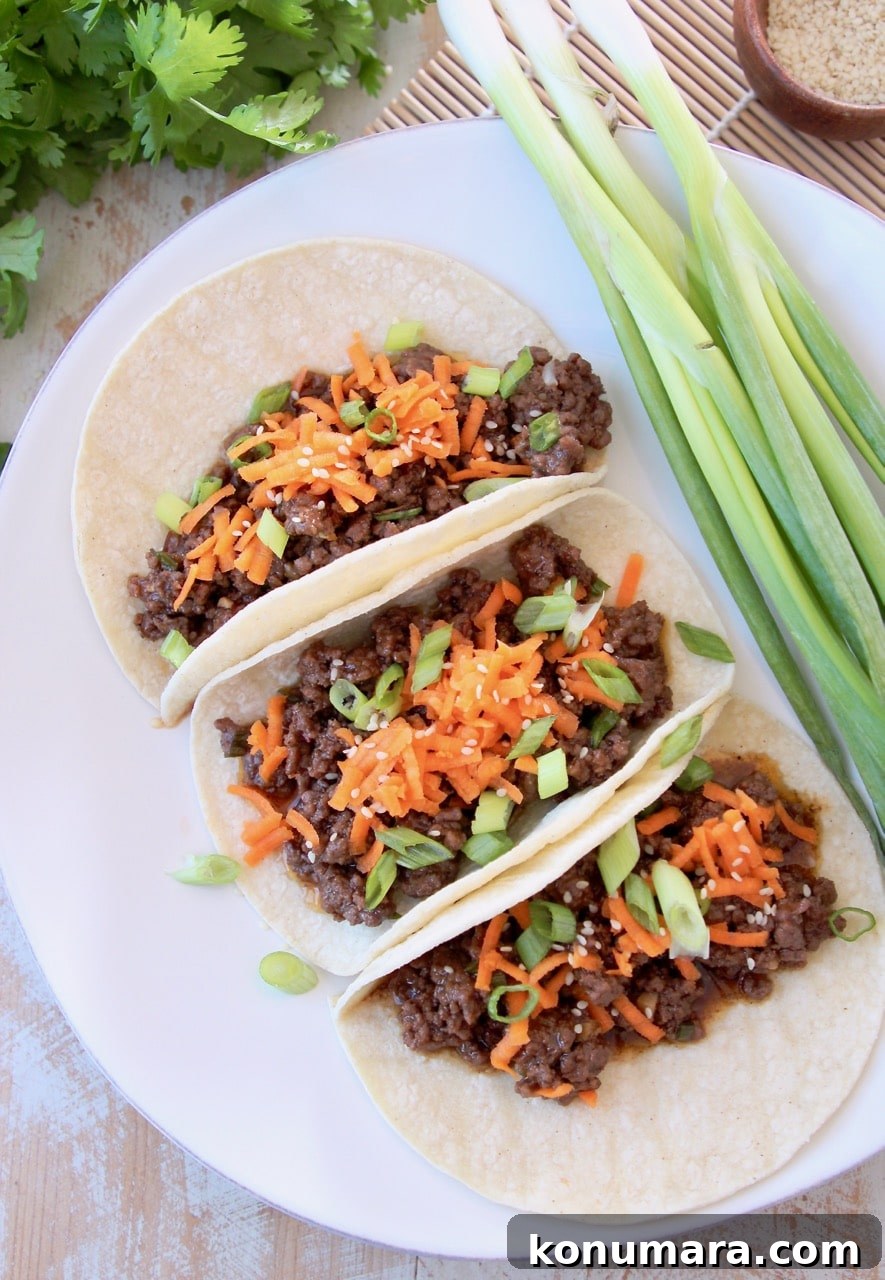 Korean BBQ Beef (Bulgogi) Recipe: Sweet and Savory Marinade 6 Korean BBQ Beef Tacos with Shredded Carrots and Scallions