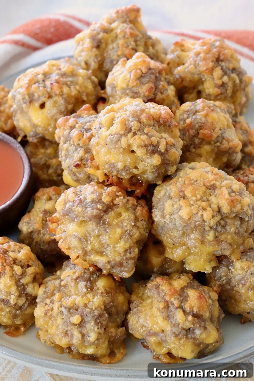 cooked sausage balls stacked up on plate