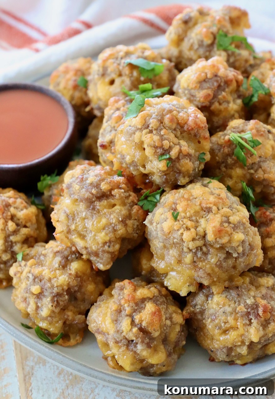 sausage balls stacked up on a plate with a small bowl of buffalo sauce on the side