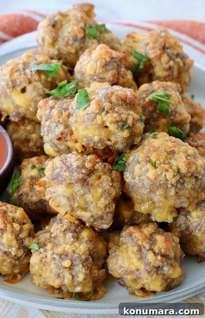 cooked sausage balls stacked up on plate