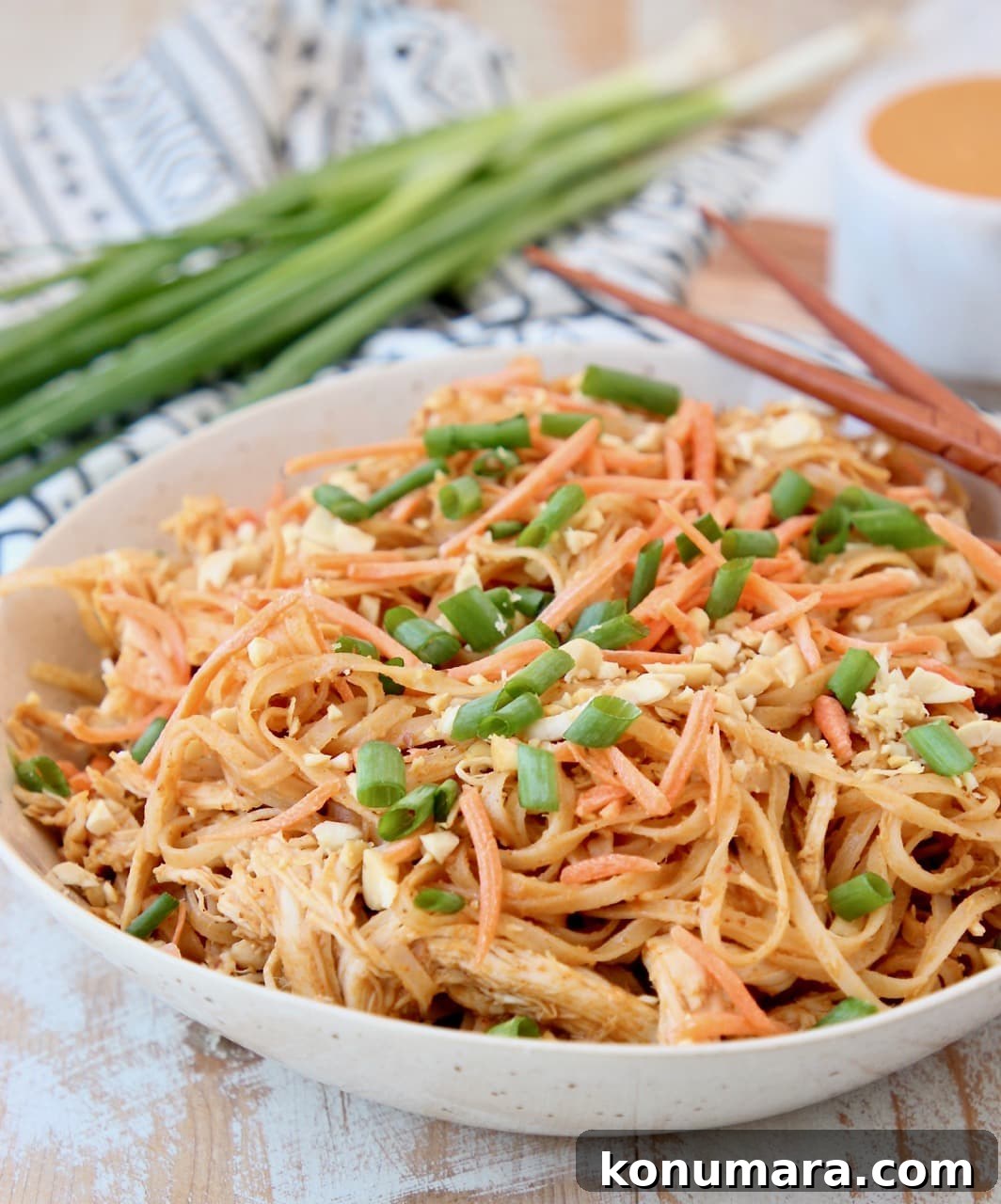 Pressure cooker Thai Peanut Chicken Noodles with shredded carrots, peanuts and scallions