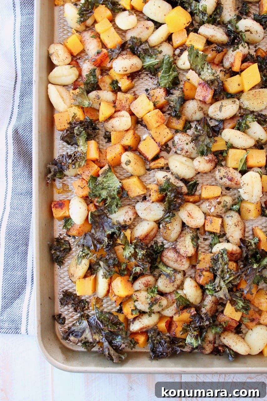Gnocchi, butternut squash and kale on baking sheet with gray striped towel