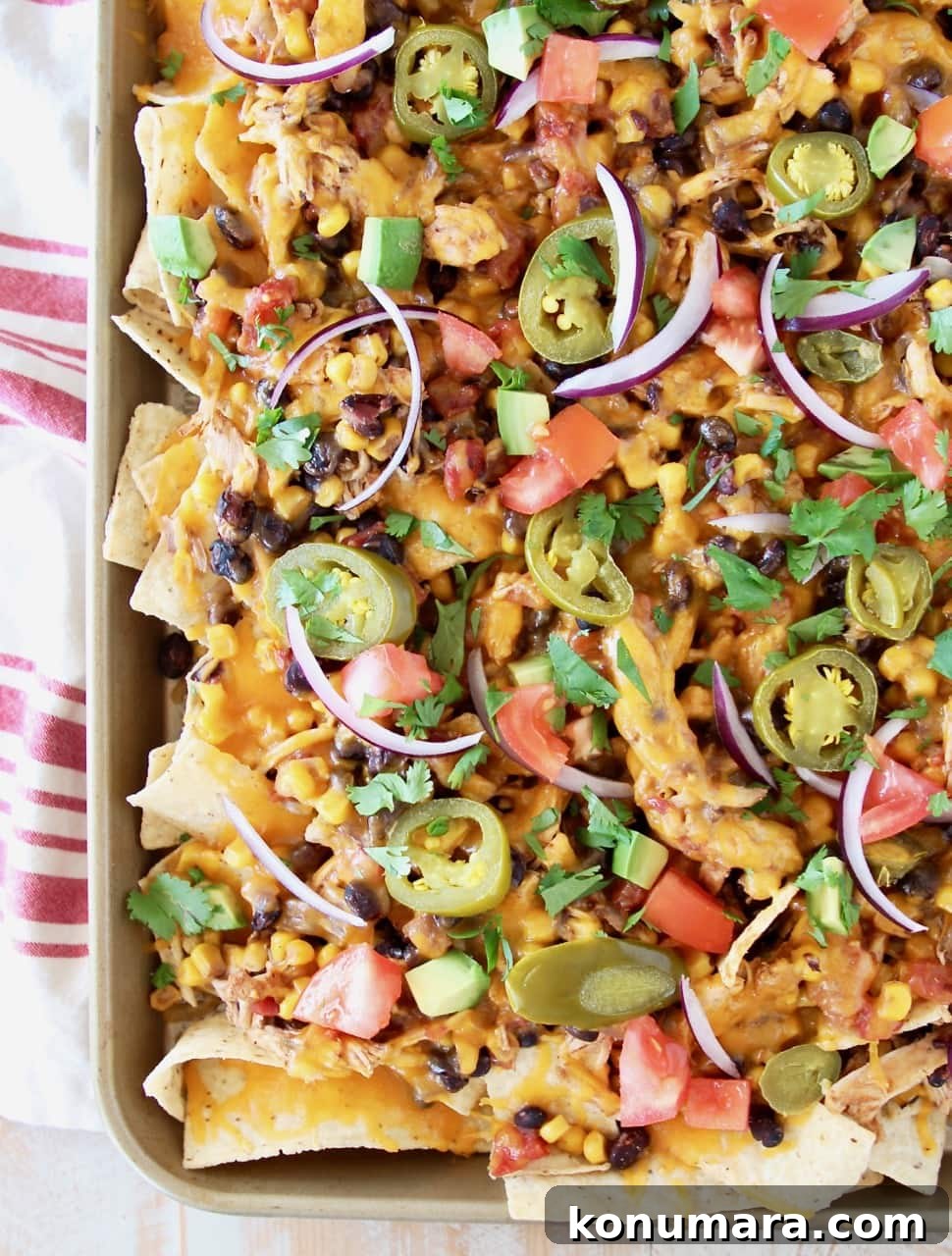 Cheesy Crock Pot Chicken Nachos Recipe 2 Chicken Nachos on sheet pan topped with jalapenos, red onions, tomatoes and cheese, on red and white striped towel