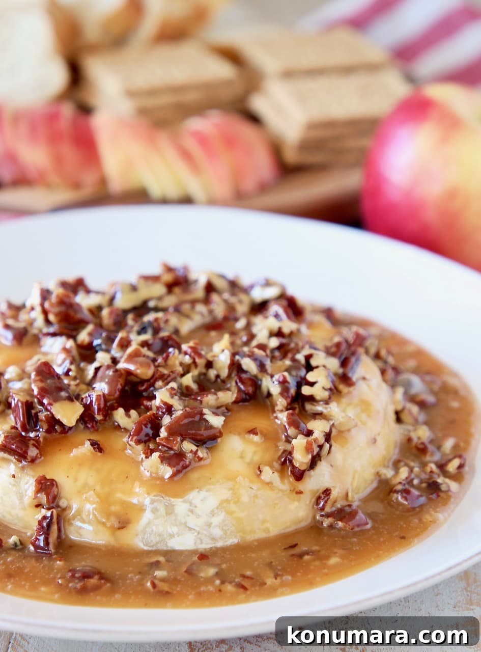 Salted Caramel Pecan Baked Brie Recipe 3 Easy baked brie recipe topped with salted caramel sauce and pecans on a white plate with a black cheese spreader, with apples in the background