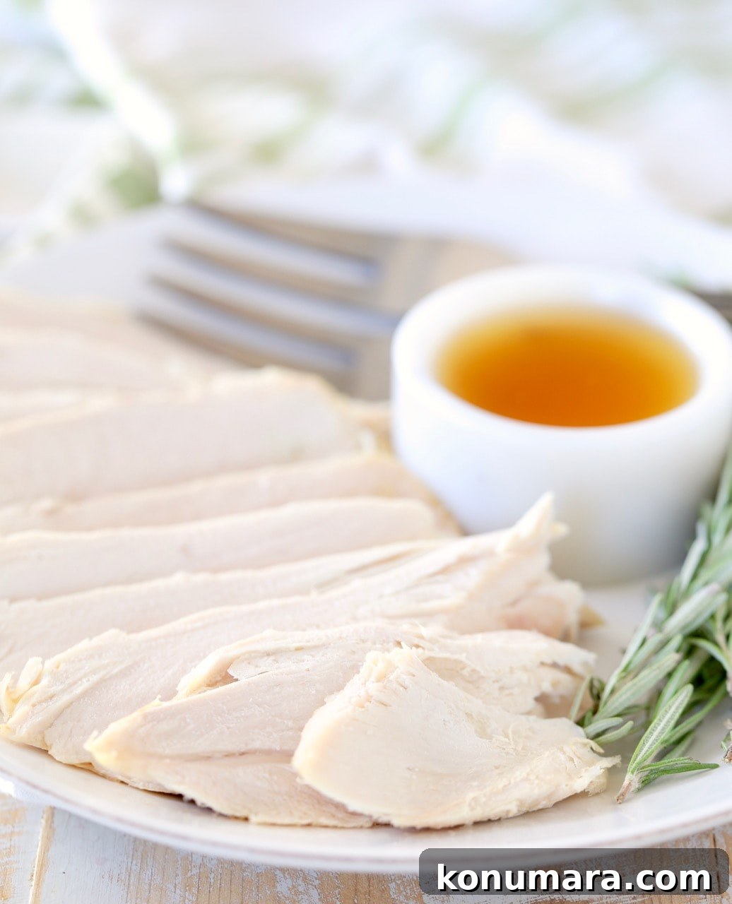 Sliced turkey breast on plate with small white ramekin of apple reduction and sprigs of fresh rosemary