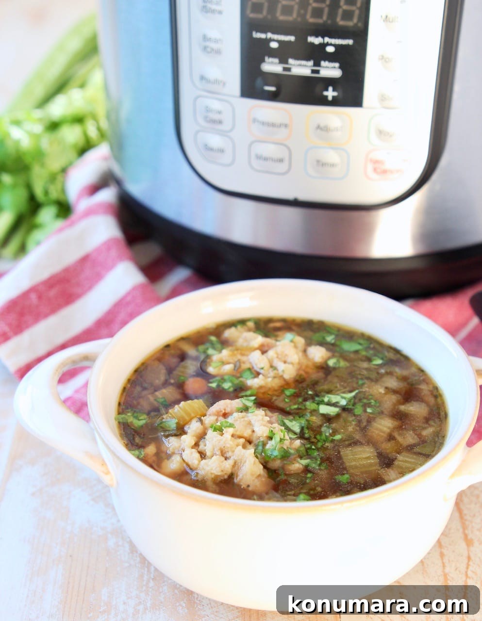 Instant Pot Turkey Soup with Savory Stuffing Dumplings 5 Instant Pot Turkey Soup in white crock with Instant Pot in background sitting on red and white striped towel with fresh celery stalks on the side