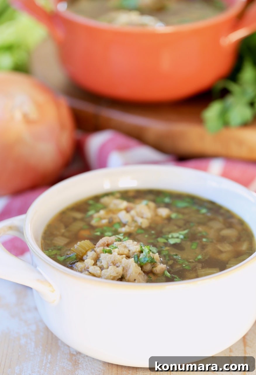 Instant Pot Turkey Soup with Savory Stuffing Dumplings 6 Leftover turkey soup with stuffing dumplings in soup crocks with celery and yellow onion in background on red and white striped towel