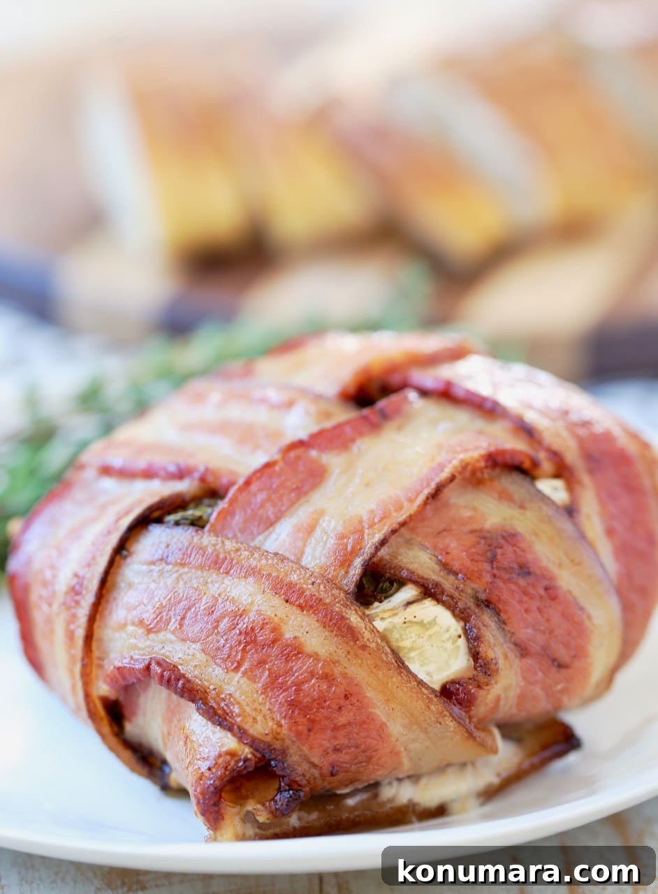 Garlic Herb Bacon-Wrapped Brie Bites 4 Baked bacon wrapped brie with bacon weave on plate with fresh herbs, cutting board with sliced baguette in background