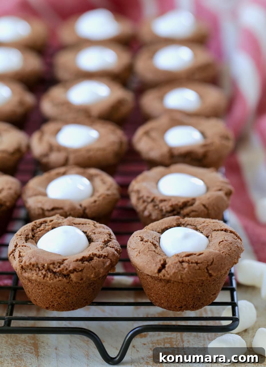 Hot chocolate cookies made into cups and filled with marshmallow creme on black wire rack with mini marshmallows on the side sitting on red and white striped towel