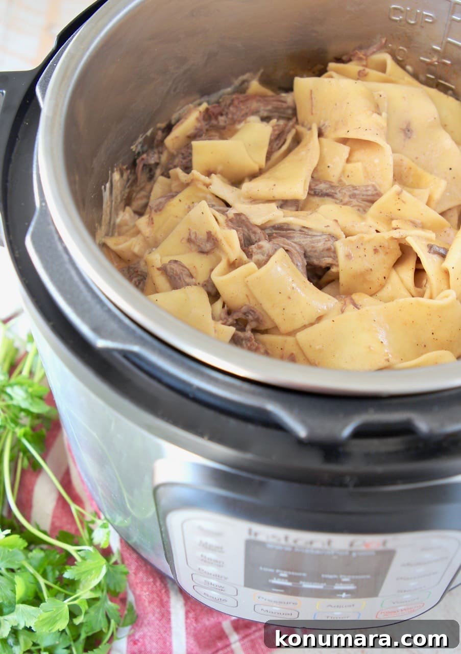 Creamy Instant Pot Beef Stroganoff 4 Beef stroganoff with wide egg noodles in instant pot on red and white striped towel with fresh parsley on the side